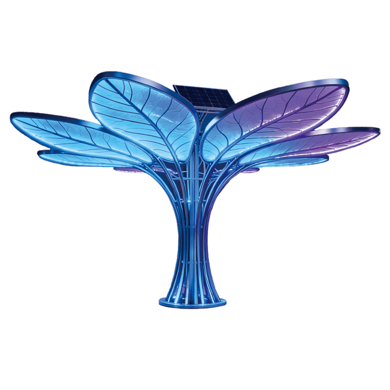 太阳能 “蓝叶生命树” 景观装置，光影艺术 + 环保科技，滨水地