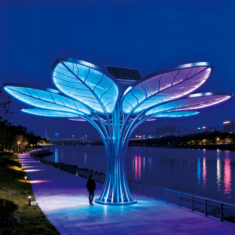 太阳能 “蓝叶生命树” 景观装置，光影艺术 + 环保科技，滨水地
