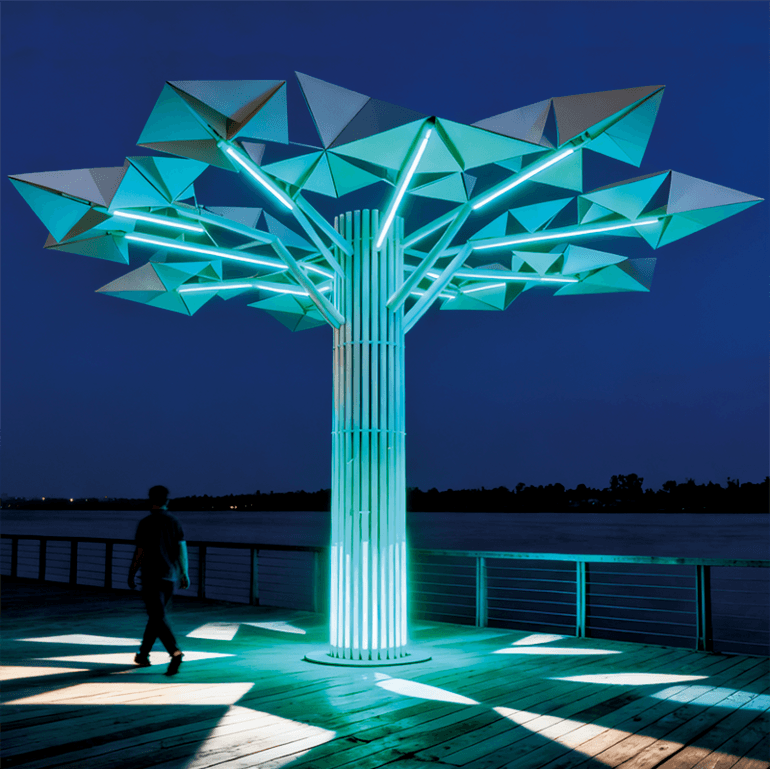 创意蓝调几何景观装置夜间点亮如梦幻雕塑为场所成为艺术视觉焦点