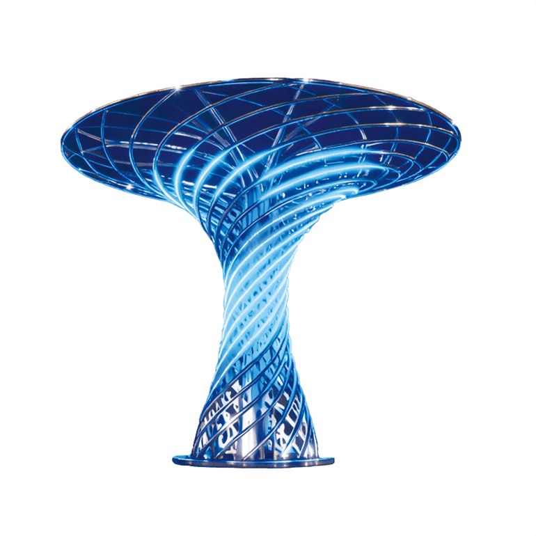 “蓝光伞阵” 景观金属螺旋交织冷冽灯光成广场地标与网红打卡爆