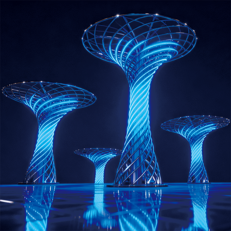 “蓝光伞阵” 景观金属螺旋交织冷冽灯光成广场地标与网红打卡爆