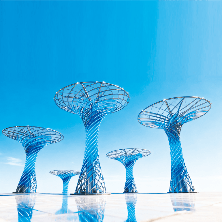 “蓝光伞阵” 景观金属螺旋交织冷冽灯光成广场地标与网红打卡爆