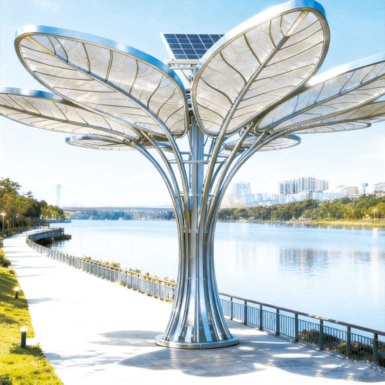 太阳能 “蓝叶生命树” 景观装置，光影艺术 + 环保科技，滨水地