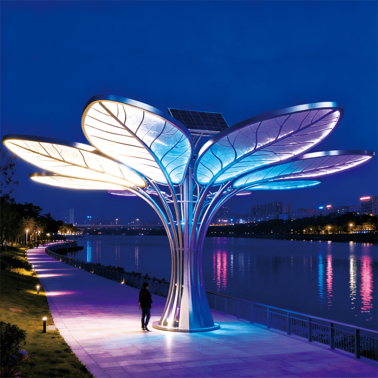 太阳能 “蓝叶生命树” 景观装置，光影艺术 + 环保科技，滨水地