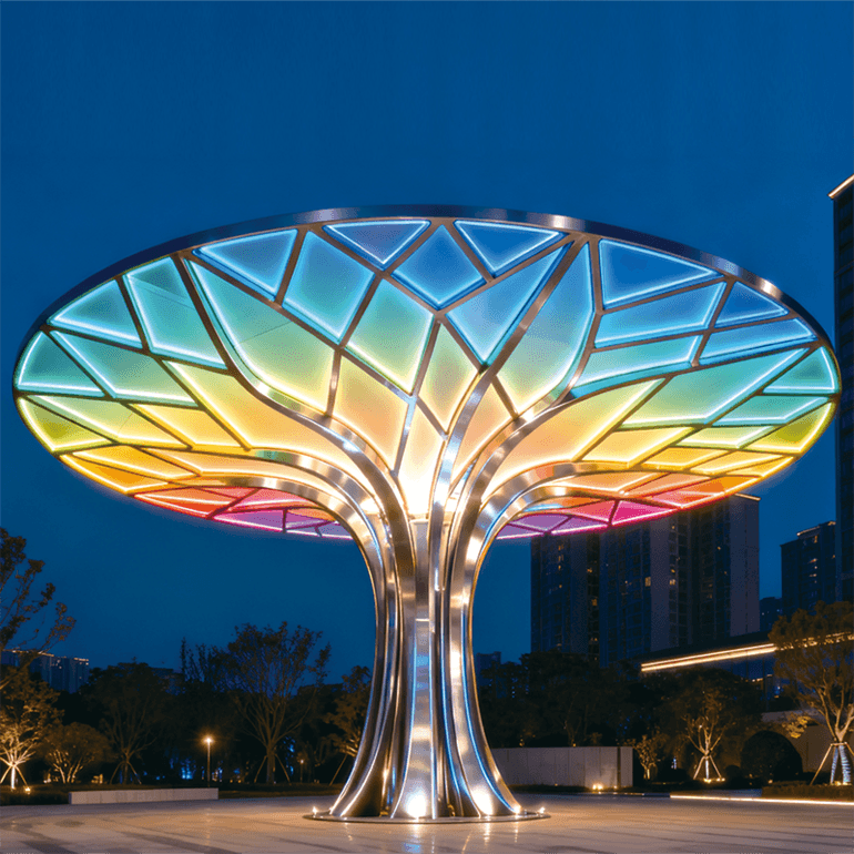 彩虹树冠 + 金属树身，白天是艺术雕塑，夜晚成梦幻地标，营造氛