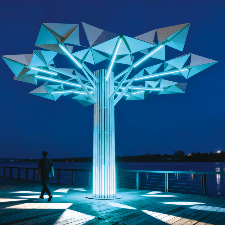 创意蓝调几何景观装置夜间点亮如梦幻雕塑为场所成为艺术视觉焦点