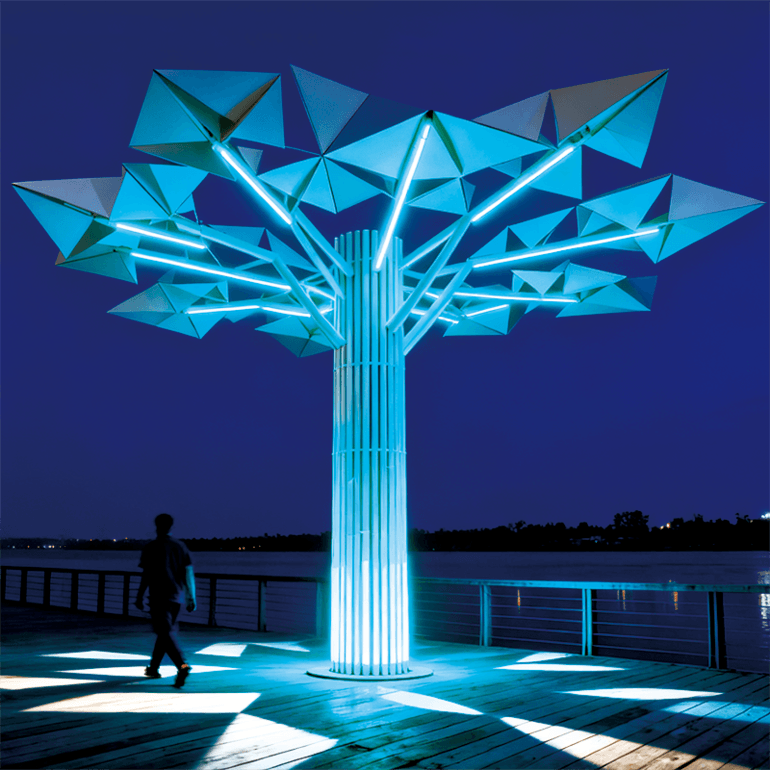 创意蓝调几何景观装置夜间点亮如梦幻雕塑为场所成为艺术视觉焦点