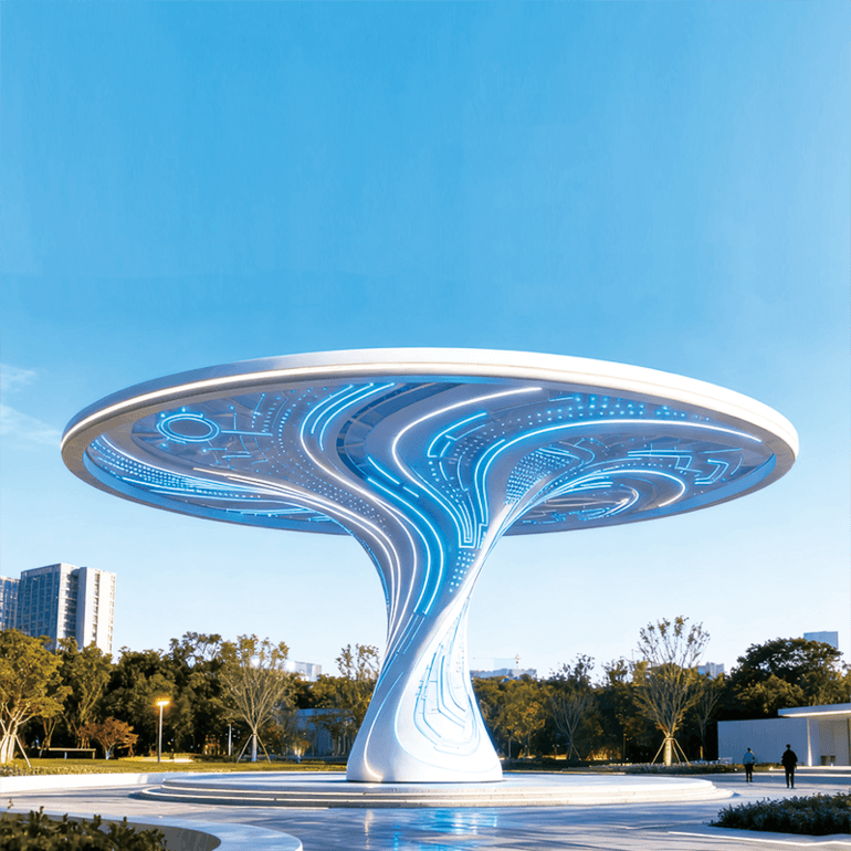 未来感地标级景观灯，流线型结构搭配霓虹蓝光电光效果