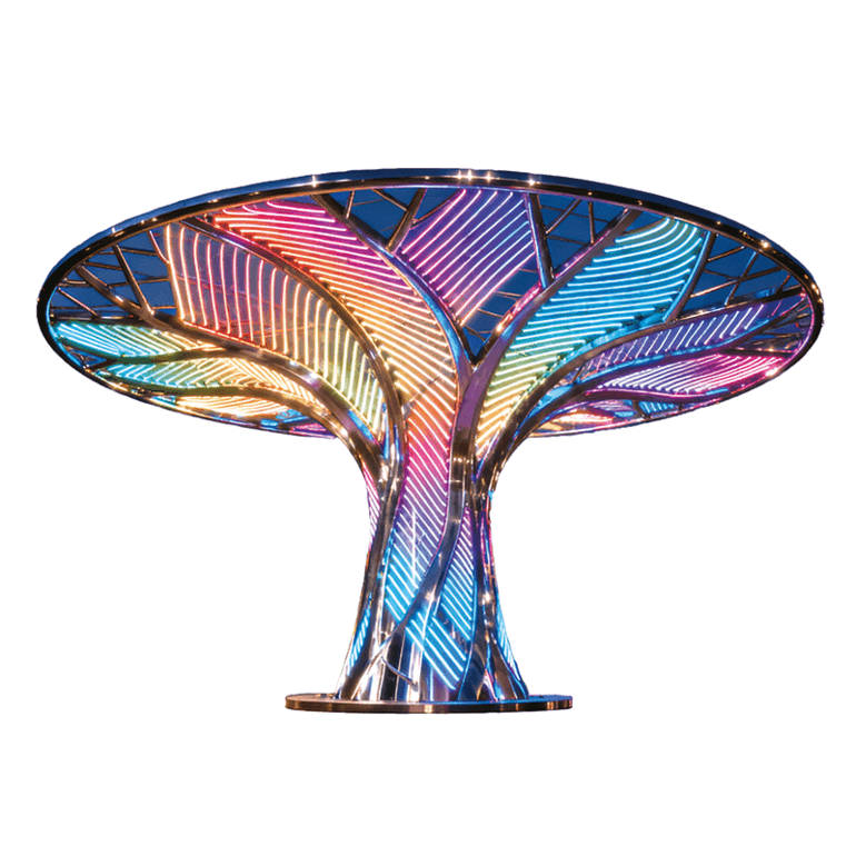 城市中央彩虹之树，夜晚是城市地标级光影秀，白天是工业风艺术雕