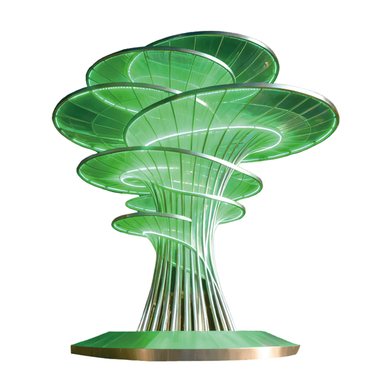 自然与艺术的清新交融，层叠伞状结构搭配清新绿光自然系艺术雕塑