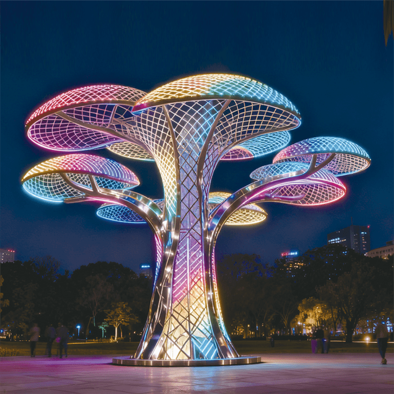 梦幻七彩生命之树景观灯，以多伞状镂空结构搭配彩虹渐变灯光