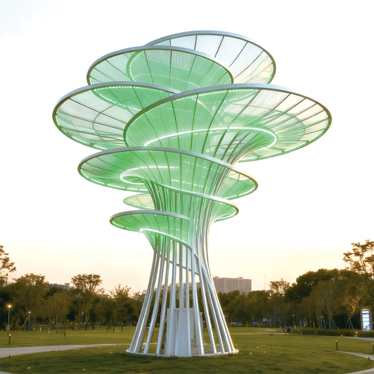 自然与艺术的清新交融，层叠伞状结构搭配清新绿光自然系艺术雕塑