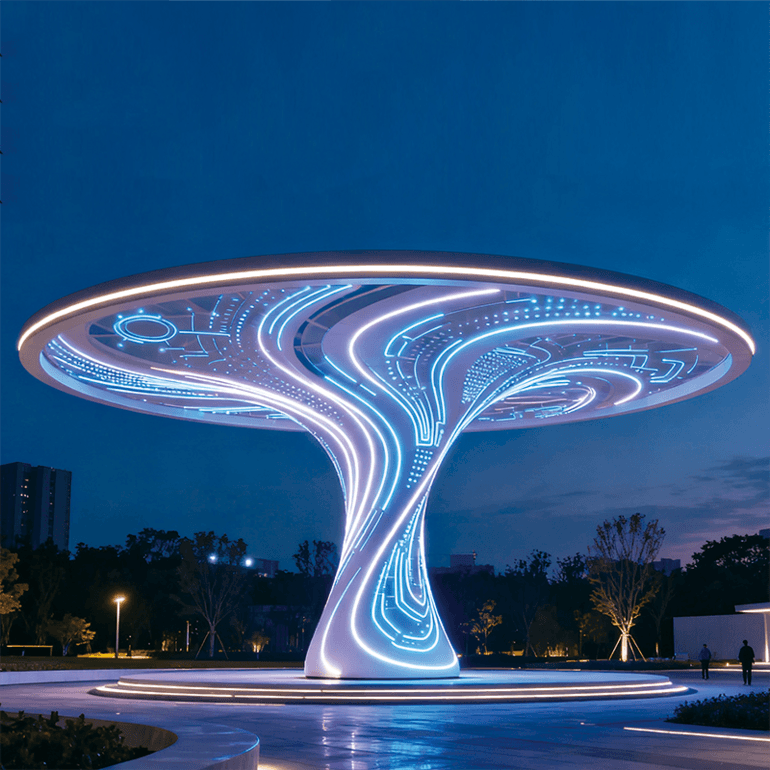 未来感地标级景观灯，流线型结构搭配霓虹蓝光电光效果