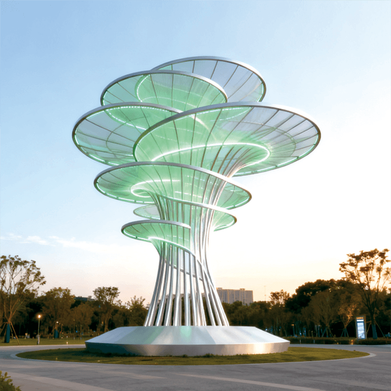 自然与艺术的清新交融，层叠伞状结构搭配清新绿光自然系艺术雕塑