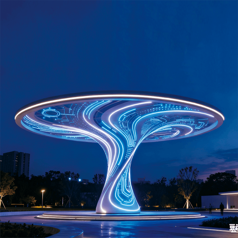 未来感地标级景观灯，流线型结构搭配霓虹蓝光电光效果