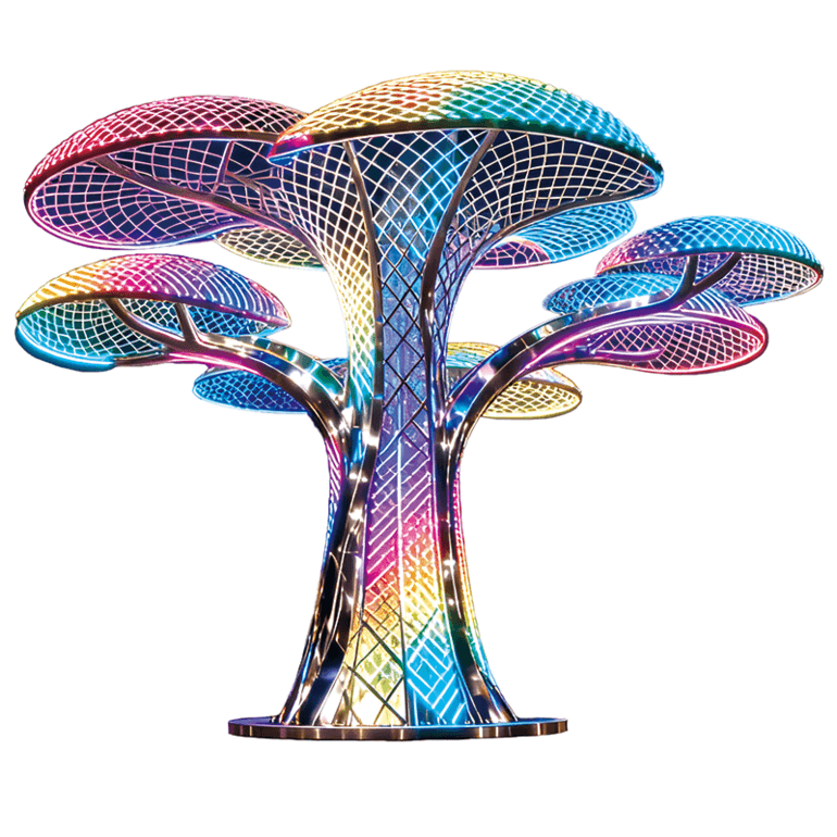 梦幻七彩生命之树景观灯，以多伞状镂空结构搭配彩虹渐变灯光