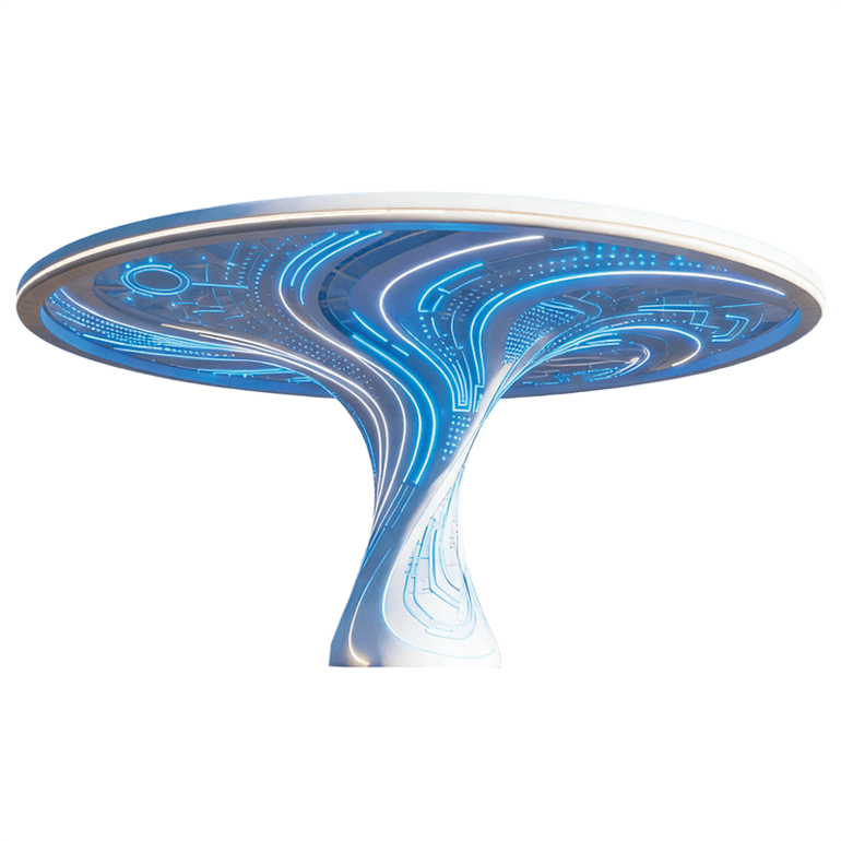 未来感地标级景观灯，流线型结构搭配霓虹蓝光电光效果