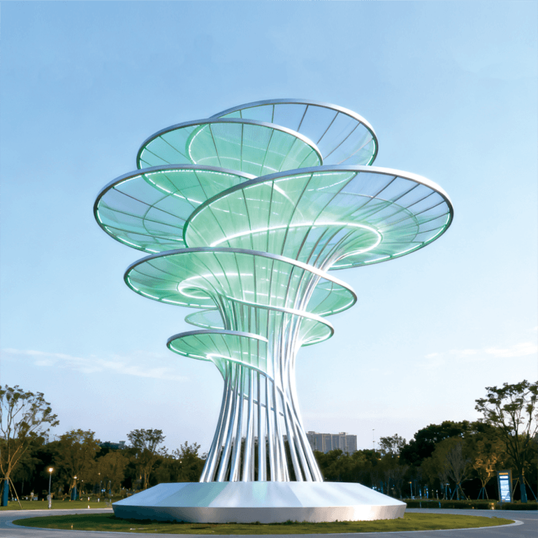 自然与艺术的清新交融，层叠伞状结构搭配清新绿光自然系艺术雕塑
