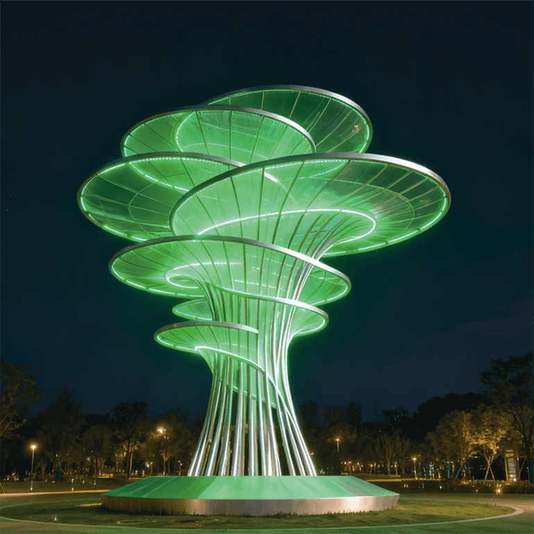 自然与艺术的清新交融，层叠伞状结构搭配清新绿光自然系艺术雕塑