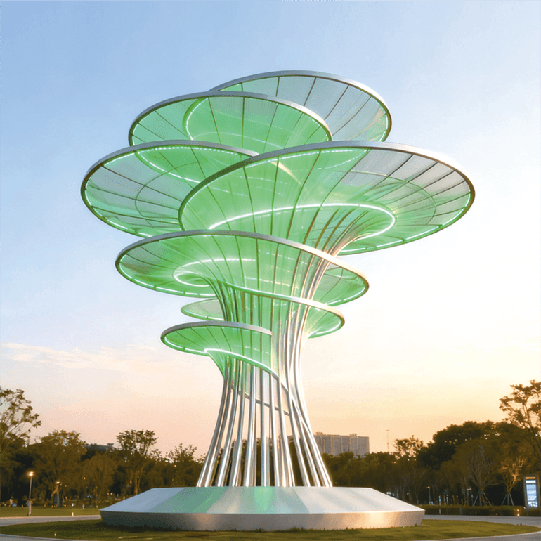 自然与艺术的清新交融，层叠伞状结构搭配清新绿光自然系艺术雕塑