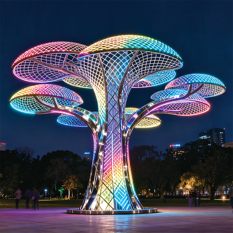 梦幻七彩生命之树景观灯，以多伞状镂空结构搭配彩虹渐变灯光