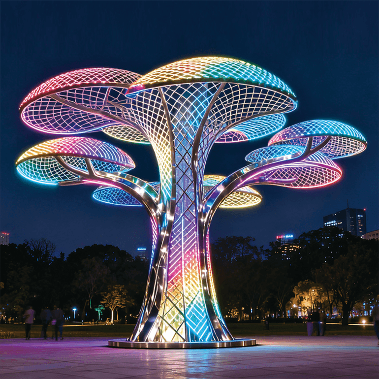 梦幻七彩生命之树景观灯，以多伞状镂空结构搭配彩虹渐变灯光