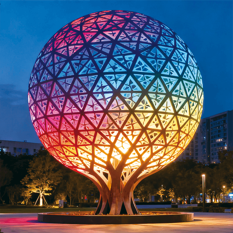 独特的树形底座与七彩镂空球很好融合适合公园、商业广场游乐场等