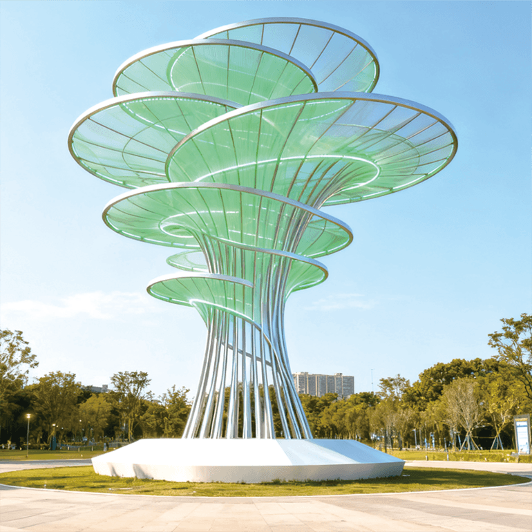 自然与艺术的清新交融，层叠伞状结构搭配清新绿光自然系艺术雕塑