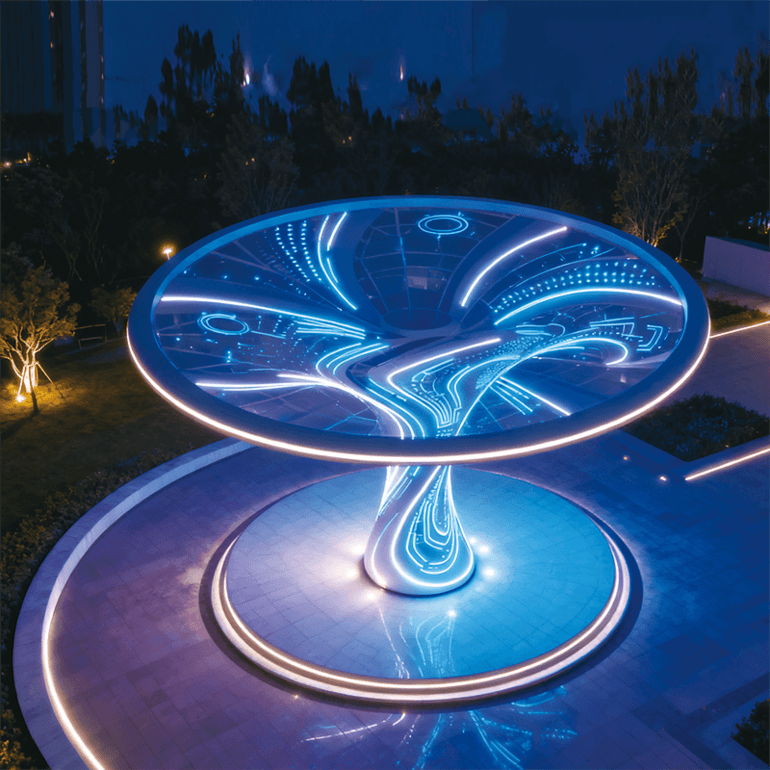 未来感地标级景观灯，流线型结构搭配霓虹蓝光电光效果