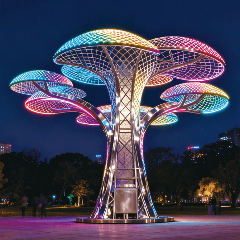 梦幻七彩生命之树景观灯，以多伞状镂空结构搭配彩虹渐变灯光
