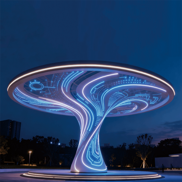 未来感地标级景观灯，流线型结构搭配霓虹蓝光电光效果