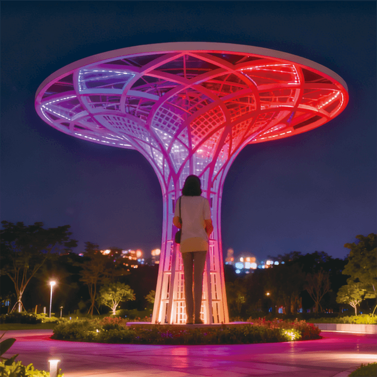 生命之树是雕塑级装置，夜晚幻彩流光，为公园造地标为夜景启华章