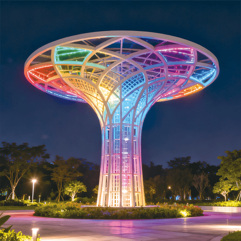 生命之树是雕塑级装置，夜晚幻彩流光，为公园造地标为夜景启华章