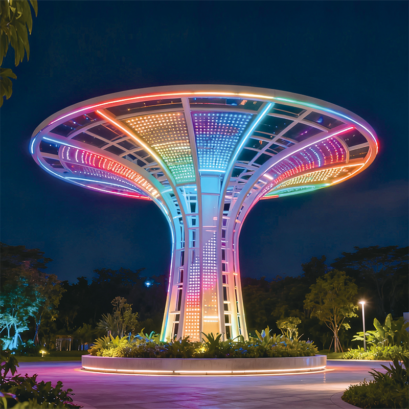 彩虹穹顶景观装置白日是艺术雕塑，夜间化彩虹之树，光影绚烂吸睛