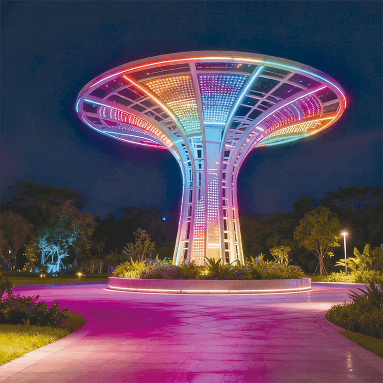 彩虹穹顶景观装置白日是艺术雕塑，夜间化彩虹之树，光影绚烂吸睛