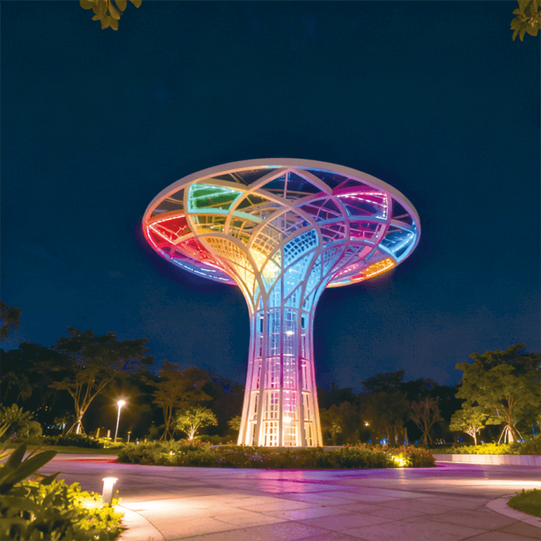 生命之树是雕塑级装置，夜晚幻彩流光，为公园造地标为夜景启华章