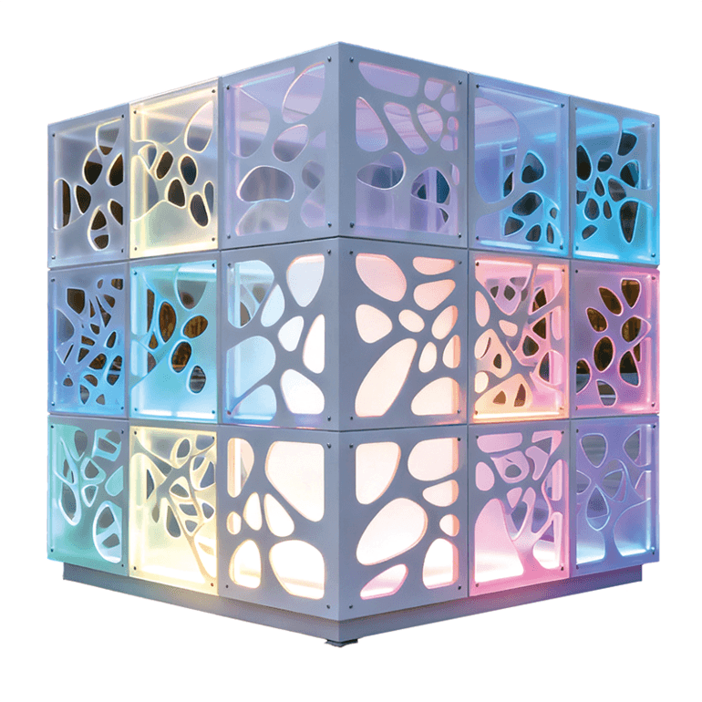 立方解构光影，镂空纹理折射斑斓色彩，于商圈广场间构筑视觉焦点