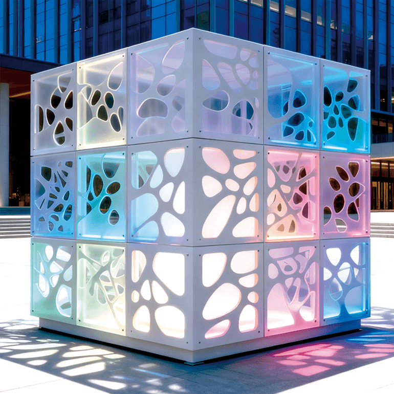 立方解构光影，镂空纹理折射斑斓色彩，于商圈广场间构筑视觉焦点