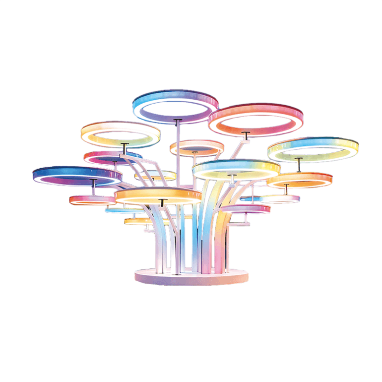 七彩环形景观，树状结构多色霓虹环形灯错落交织适合广场旅游景区