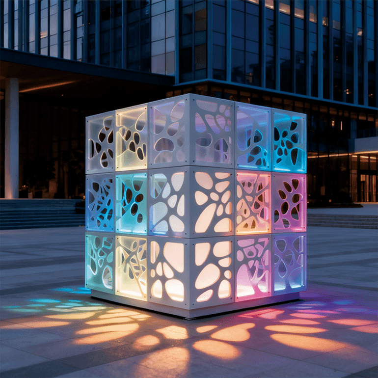 立方解构光影，镂空纹理折射斑斓色彩，于商圈广场间构筑视觉焦点