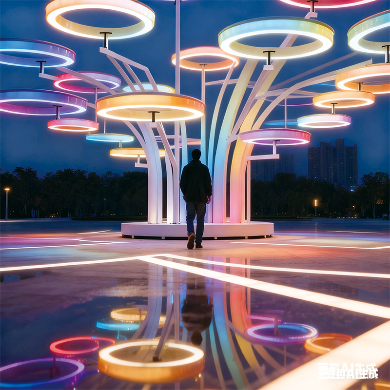 七彩环形景观，树状结构多色霓虹环形灯错落交织适合广场旅游景区
