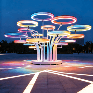 七彩环形景观，树状结构多色霓虹环形灯错落交织适合广场旅游景区