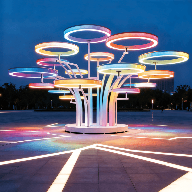 七彩环形景观，树状结构多色霓虹环形灯错落交织适合广场旅游景区
