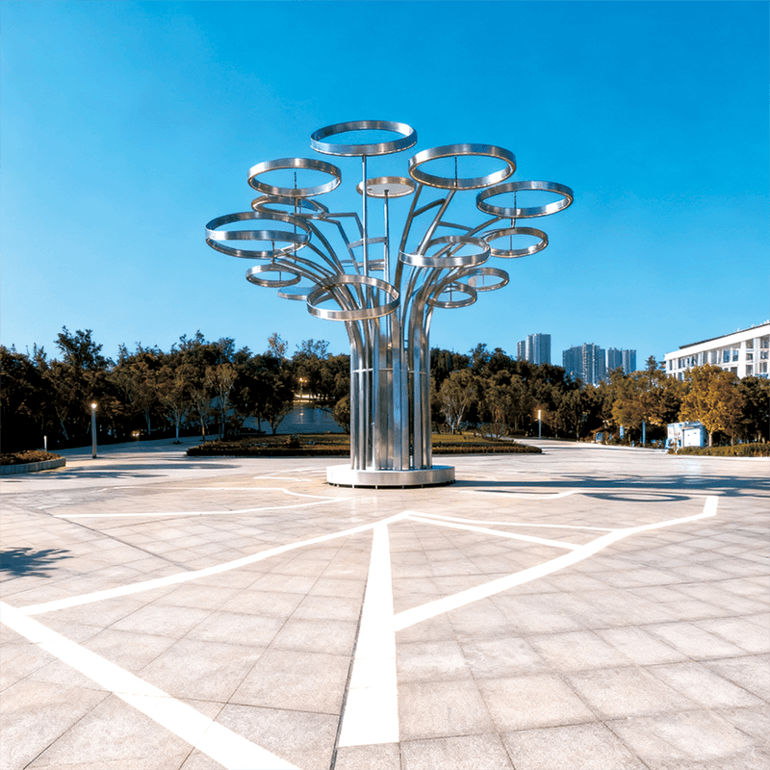 七彩环形景观，树状结构多色霓虹环形灯错落交织适合广场旅游景区