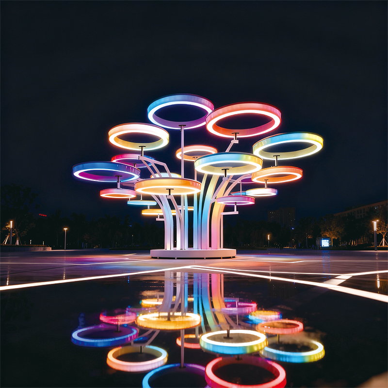 七彩环形景观，树状结构多色霓虹环形灯错落交织适合广场旅游景区