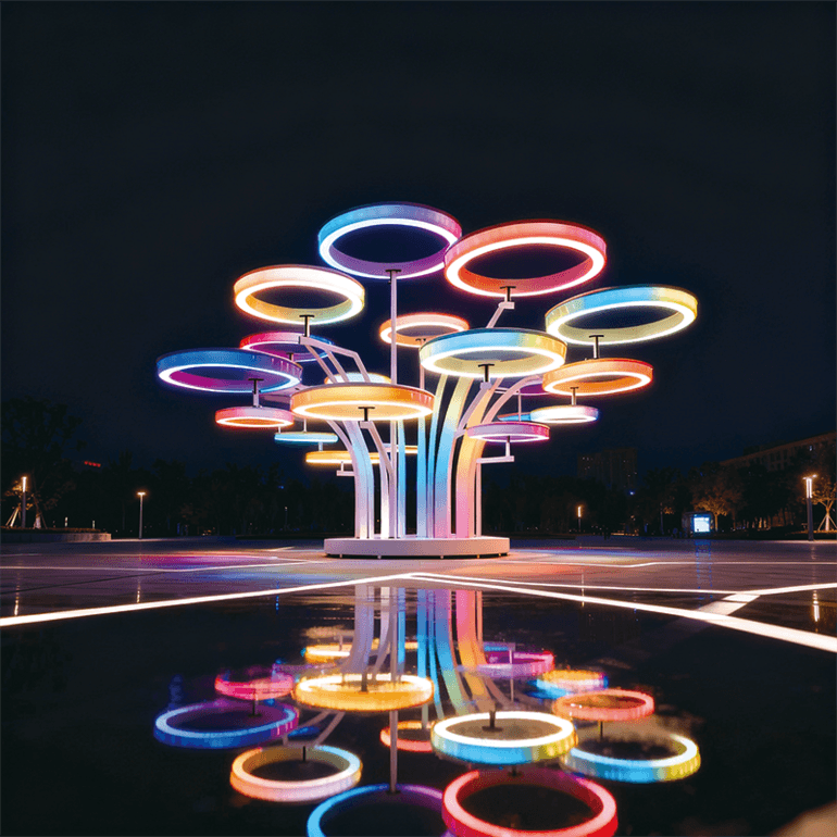 七彩环形景观，树状结构多色霓虹环形灯错落交织适合广场旅游景区
