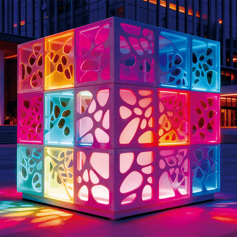 立方解构光影，镂空纹理折射斑斓色彩，于商圈广场间构筑视觉焦点