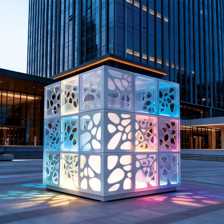 立方解构光影，镂空纹理折射斑斓色彩，于商圈广场间构筑视觉焦点