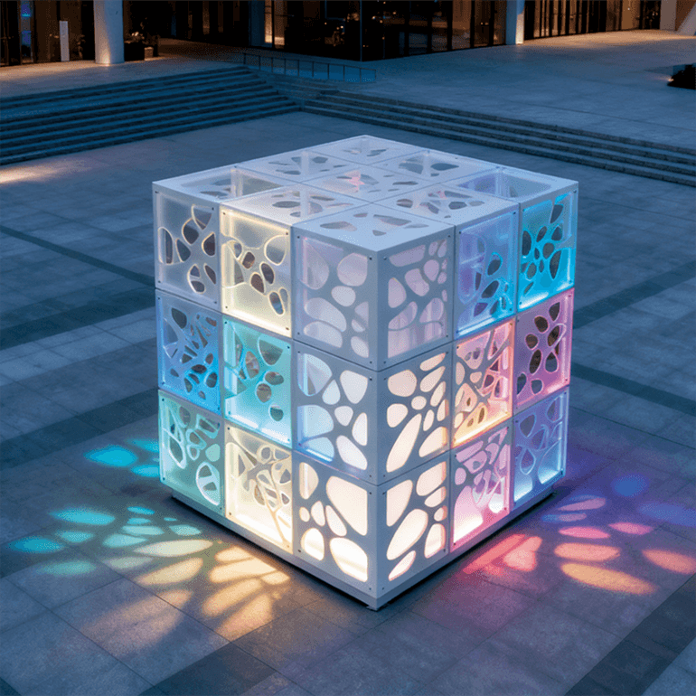 立方解构光影，镂空纹理折射斑斓色彩，于商圈广场间构筑视觉焦点