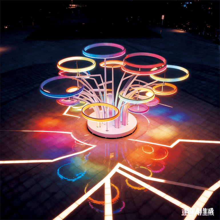 七彩环形景观，树状结构多色霓虹环形灯错落交织适合广场旅游景区